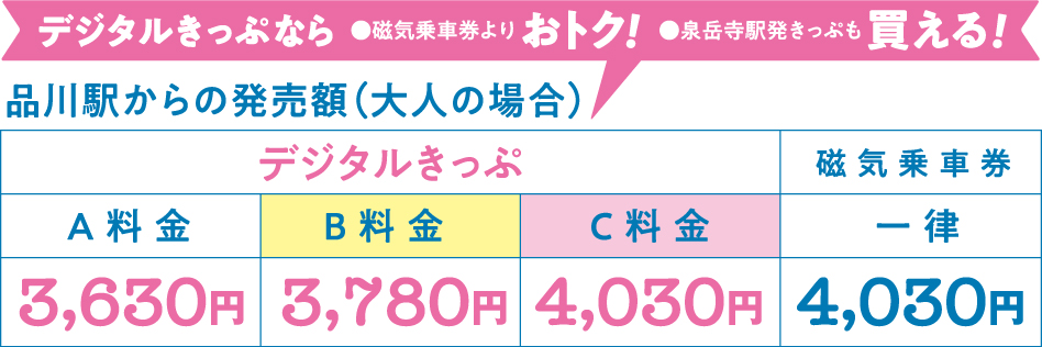 主要駅からの発売額（大人の場合）：品川から3,500円　横浜から3,500円