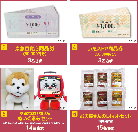 【京急百貨店商品券（30,000円分）】3名さま、【京急ストア商品券（30,000円分）】3名さま、【秋田犬＆けいきゅんぬいぐるみセット】14名さま、【お肉屋さんのレトルトセット】15名さま