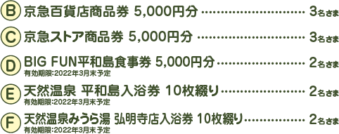 【京急百貨店商品券 5,000円分】3名さま、【京急ストア商品券 5,000円分】3名さま、【BIG FUN平和島食事券 5,000円分】2名さま、【天然温泉 平和島入浴券 10枚綴り】2名さま、【天然温泉みうら湯 弘明寺店入浴券 10枚綴り】2名さま