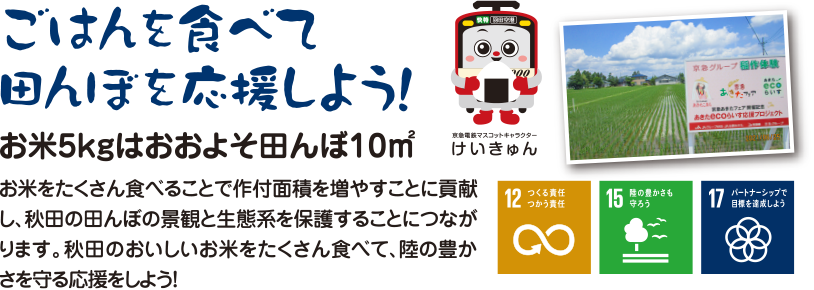 「ごはんを食べて田んぼを応援しよう！お米5kgはおおよそ田んぼ10㎡　お米をたくさん食べることで、作付面積を増やすことに貢献し、秋田の田んぼの景観と生態系を保護することにつながります。秋田のおいしいお米をたくさん食べて、陸の豊かさを守る応援をしよう！