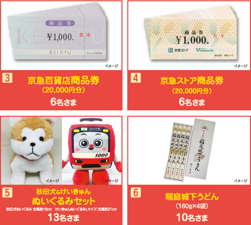 【京急百貨店商品券（20,000円分）】6名さま、【京急ストア商品券（20,000円分）】6名さま、【秋田犬＆けいきゅんぬいぐるみセット】13名さま、【稲庭城下うどん】10名さま