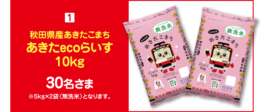 【賞品1】秋田県産あきたこまち「あきたecoらいす」10キログラム　30名さま　※5キログラム　2袋（無洗米）となります。