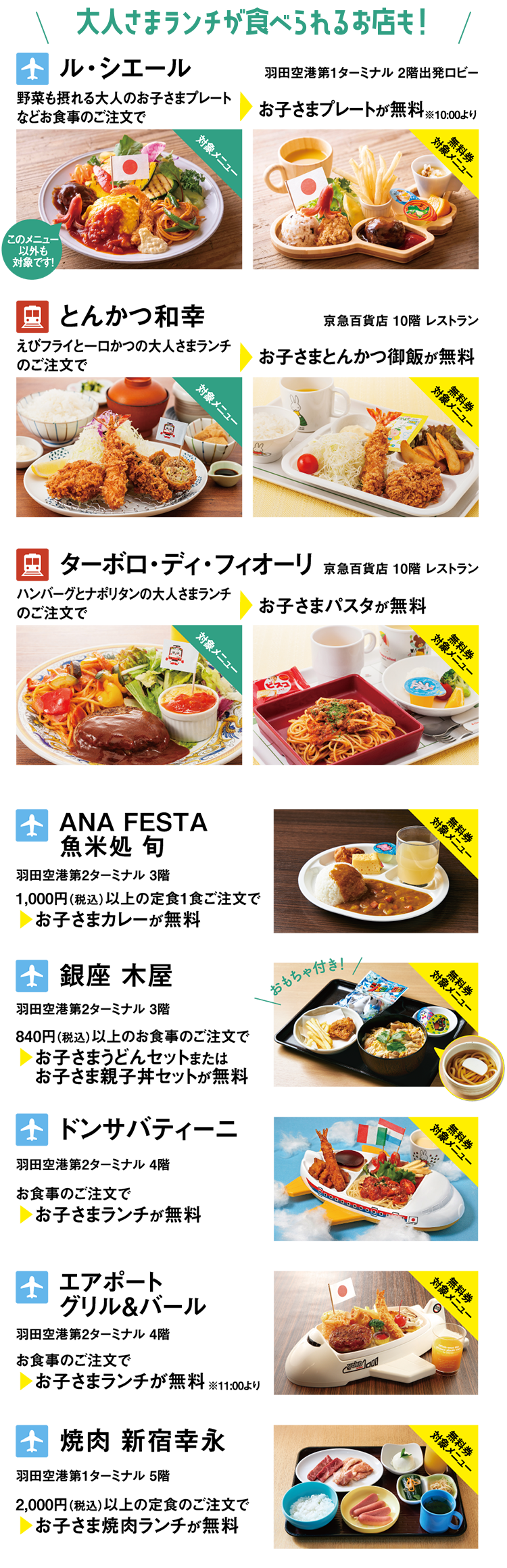 大人さまランチが食べられるお店も！ル・シエール、とんかつ和幸、ターボロ・ディ・フィオーリ、ANA FESTA 魚米処 旬、銀座 木屋、ドンサバティーニ、エアポート グリル＆バール、焼肉 新宿幸永
