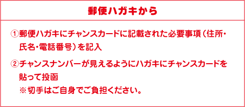 郵便ハガキから ①郵便ハガキにチャンスカードに記載された必要事項（住所・氏名・送り先等）を記入 ②チャンスナンバーが見えるようにハガキにチャンスカードを貼って投函