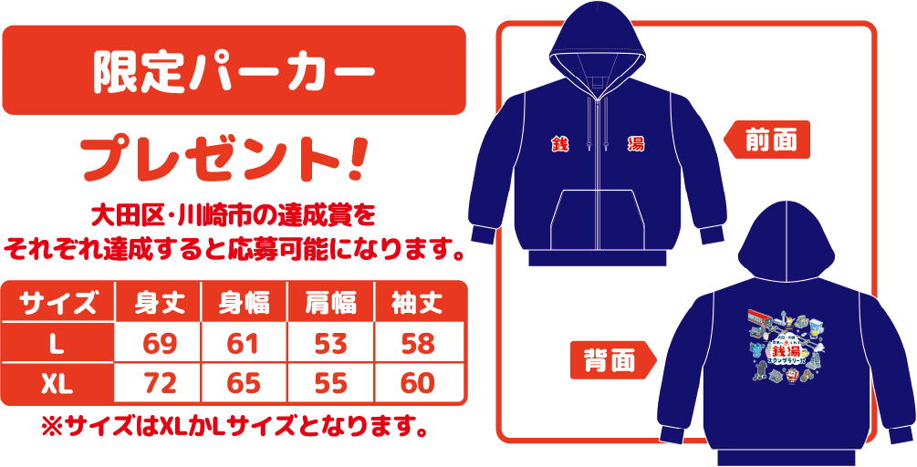 限定パーカー　プレゼント！大田区・川崎区の達成賞をそれぞれ達成すると応募可能になります。※サイズはXLかLサイズとなります。
