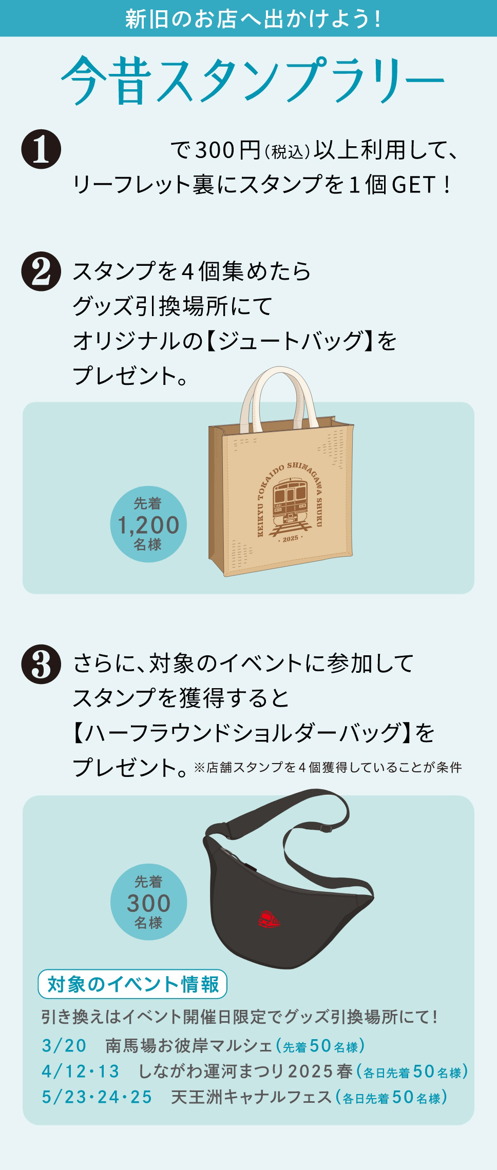新旧のお店へ出かけよう！今昔スタンプラリー（1）対象店舗で300円（税込）以上利用して、リーフレット裏にスタンプを1個GET!（2）スタンプを4個集めたらグッズ引換場所にてオリジナルの【ジュートバッグ】をプレゼント。先着1,200名様（3）さらに、対象のイベントに参加してスタンプを獲得すると【ハーフラウンドショルダーバッグ】をプレゼント。※店舗スタンプを4個獲得していることが条件 先着300名様 対象のイベント情報 引き換えはイベント開催日限定でグッズ引換場所にて！ 3/20 南馬場お彼岸マルシェ (先着50名様) 4/12・13 しながわ運河まつり2025春 (各日先着50名様) 5/23・24・25 天王洲キャナルフェス (各日先着50名様)