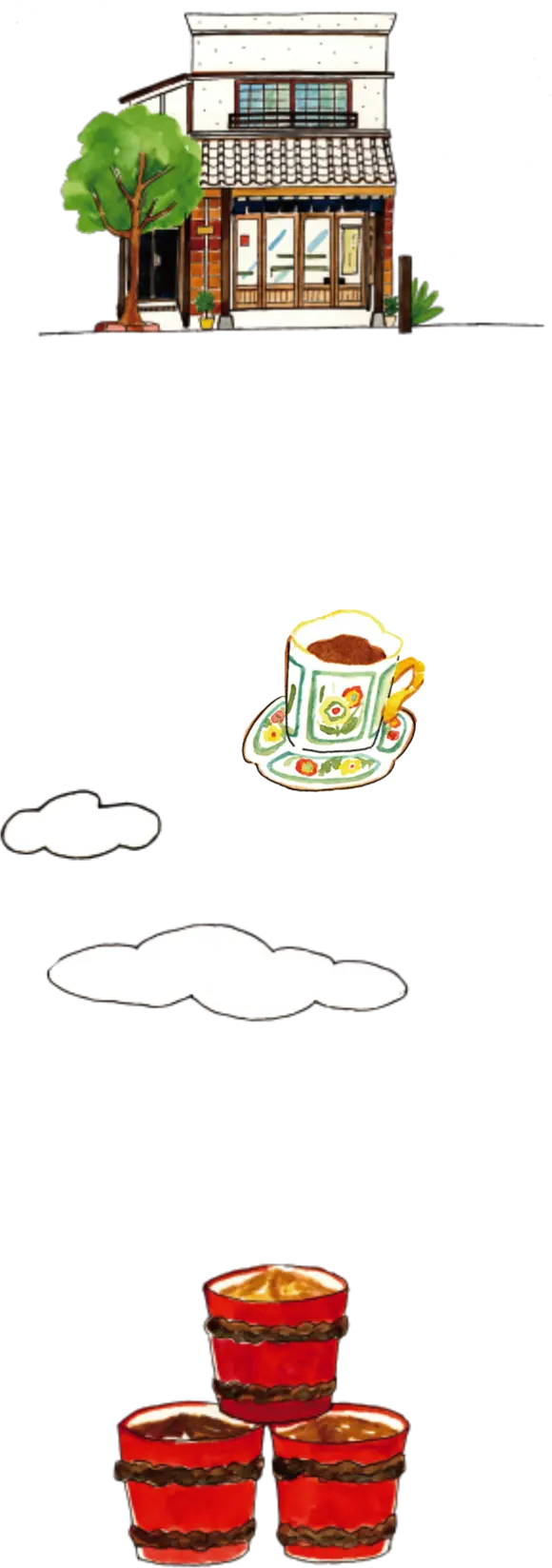 建物やコーヒーカップ、赤い樽のイラスト