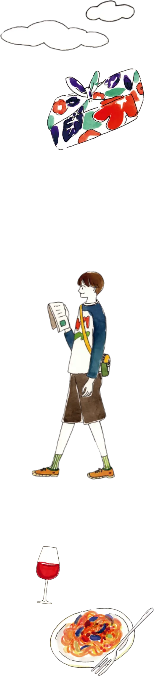地図を見て歩く男性、パスタとワインのイラスト