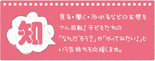 知 見る・聞く・ふれるなどの五感をフル回転！子どもたちの「なんだろう？」や「やってみたい！」という気持ちを応援します。